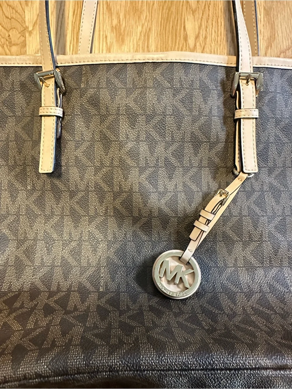 Michael Kors Brown Large Monogram Tote with Tan Trim